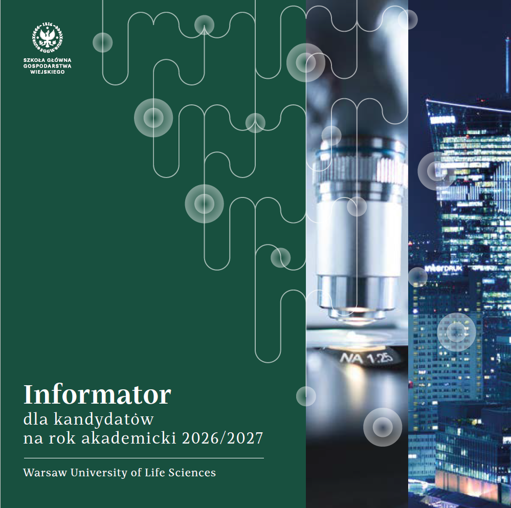 Okładka informatora dla kandydatów SGGW na rok akademicki 2026/2027 z grafiką mikroskopu i panoramy Warszawy.