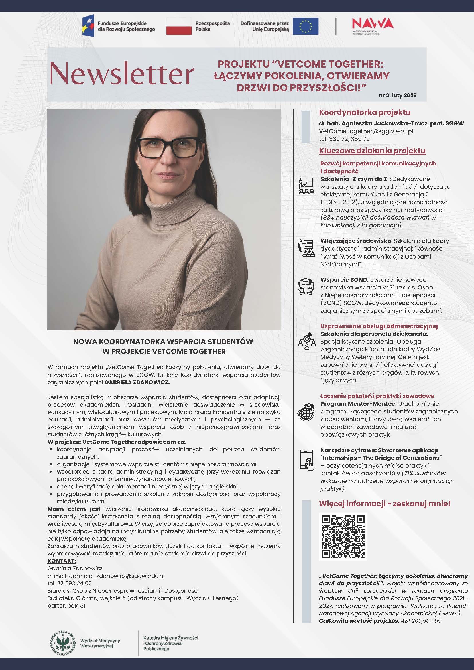 Okładka Newslettera nr 2 projektu VetCome Together – luty 2026, Wydział Medycyny Weterynaryjnej SGGW. Cover of Newsletter No. 2 of the VetCome Together project – February 2026, Faculty of Veterinary Medicine, WULS-SGGW.